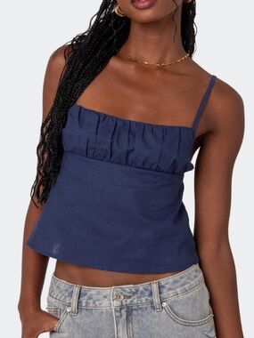 Edikted Open Back Linen Look Blue Tie Tank